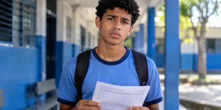 Estudante de uniforme azul segura um documento escolar com expressão de dúvida, representando quem pode ficar sem os R$ 200 do Incentivo-Enem do Pé-de-Meia.