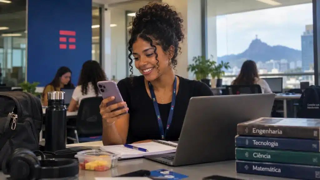 Jovem estagiária em escritório moderno utilizando celular ao lado de notebook, caderno e livros, em ambiente de trabalho na área de tecnologia.