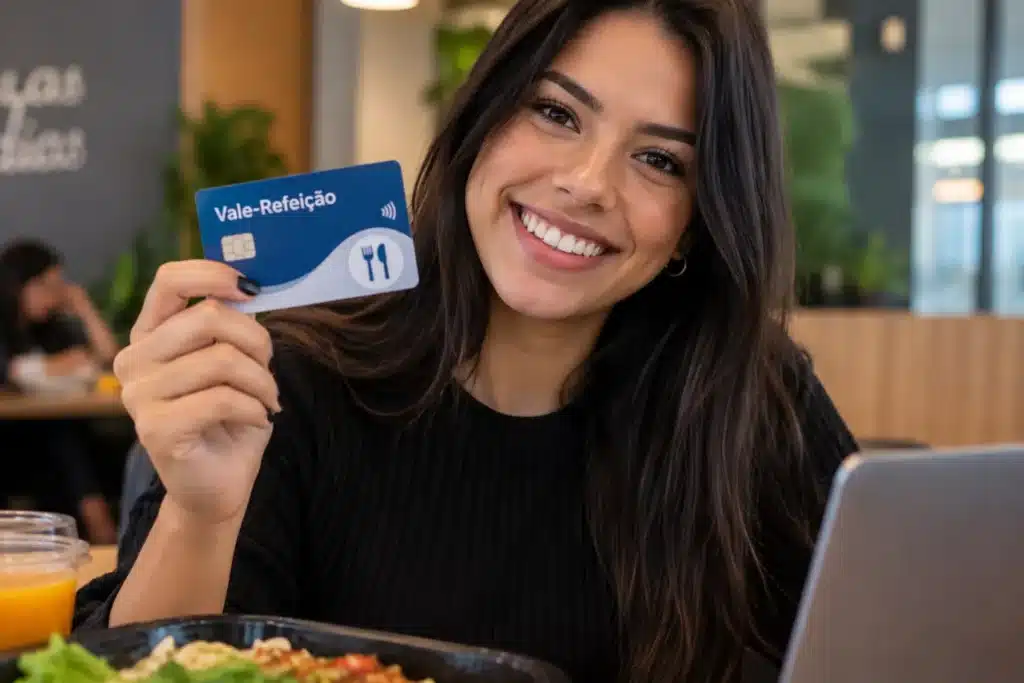 Jovem mulher sorridente segura um cartão de vale-refeição azul enquanto está sentada à mesa, com notebook e refeição à sua frente.