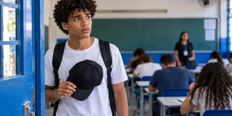 Estudante segura um boné nas mãos antes de entrar na sala de prova, representando as regras para o uso de chapéus e bonés durante o Enem.