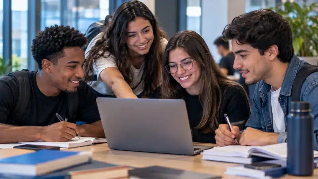 Estudantes universitários reunidos com notebook, representando candidatos aptos a participar do Programa de Estágio Danone 2027.