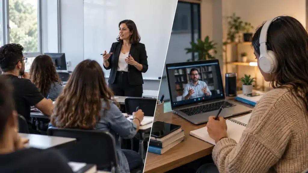 Estudantes em aula presencial e aluna acompanhando curso EaD pelo notebook