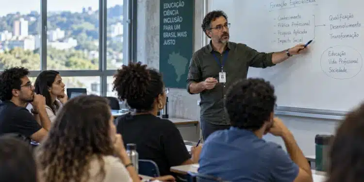 Professor apresenta conteúdo no quadro aos alunos em sala de aula.