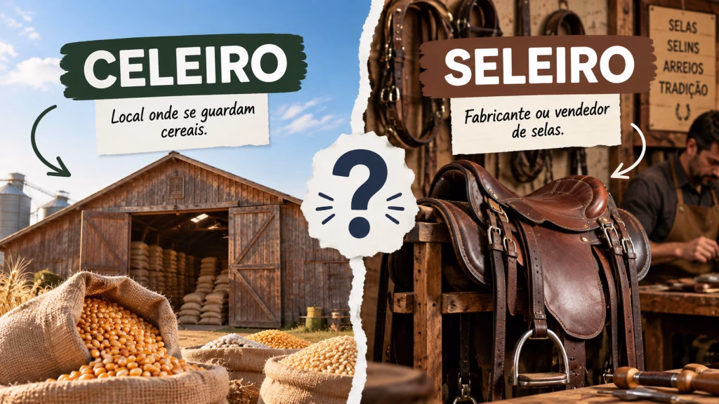 Imagem ilustrativa dividida ao meio, com um armazém de madeira e sacos de grãos de um lado e uma oficina com sela de couro e artesão do outro, com as palavras celeiro e seleiro em destaque, em referência à diferença entre celeiro ou seleiro