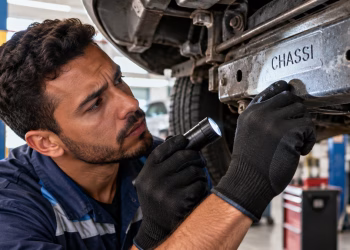 Imagem ilustrativa sobre chassis ou chassi mostra mecânico de luvas pretas que examina com lanterna a estrutura sob um veículo, em placa com a palavra chassi
