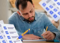 Imagem ilustrativa de homem de camisa jeans fazendo anotações em caderno, cercado por folhas com itens marcados em checklist, em referência ao teste de check-up da carreira