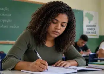 Estudante escreve em caderno durante atividade escolar, representando a preparação para uma redação sobre a importância do voto e da cidadania.
