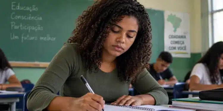 Estudante escreve em caderno durante atividade escolar, representando a preparação para uma redação sobre a importância do voto e da cidadania.