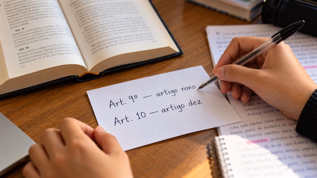 Mãos de estudante com caneta sobre anotações que mostram “Art. 9º — artigo nono” e “Art. 10 — artigo dez”, ao lado de um livro aberto.