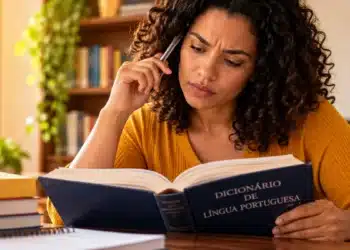 Mulher consulta um dicionário de língua portuguesa, representando dúvidas sobre a conjugação do verbo precaver.