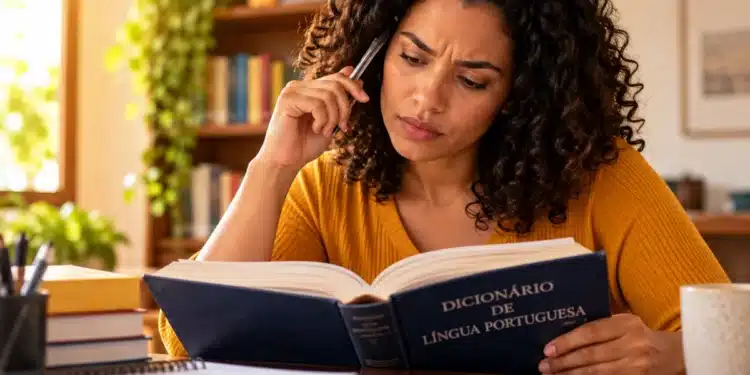 Mulher consulta um dicionário de língua portuguesa, representando dúvidas sobre a conjugação do verbo precaver.