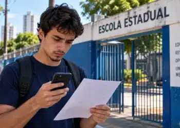 Estudante mexe no celular e segura um papel em frente a uma escola, representando a consulta ao local de prova da reaplicação do Encceja 2026.