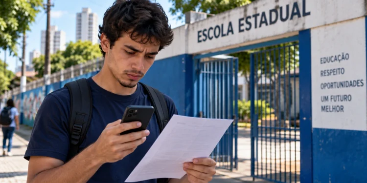 Estudante mexe no celular e segura um papel em frente a uma escola, representando a consulta ao local de prova da reaplicação do Encceja 2026.