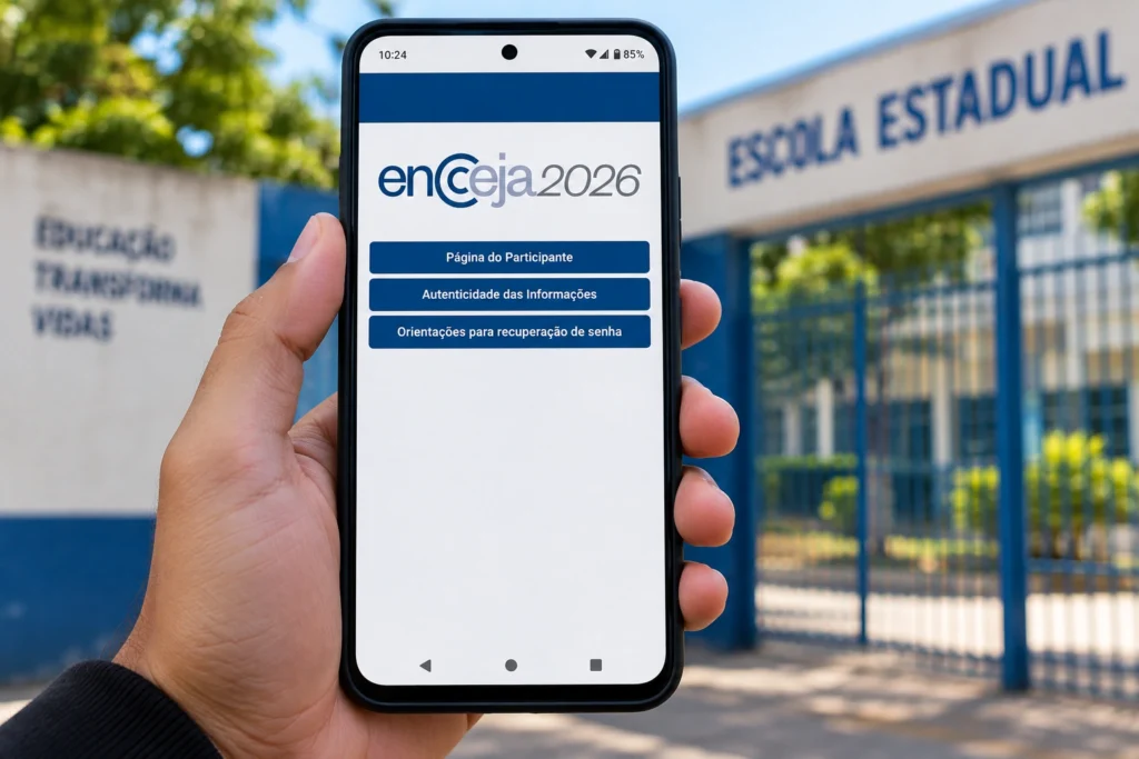 Celular exibe a Página do Participante para consulta da reaplicação do Encceja 2026