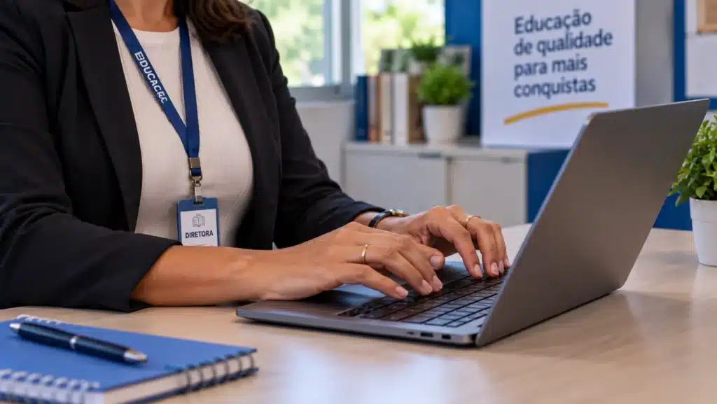 Mãos de diretora escolar usando notebook, representando a consulta ao relatório municipal do Ideb 2025.