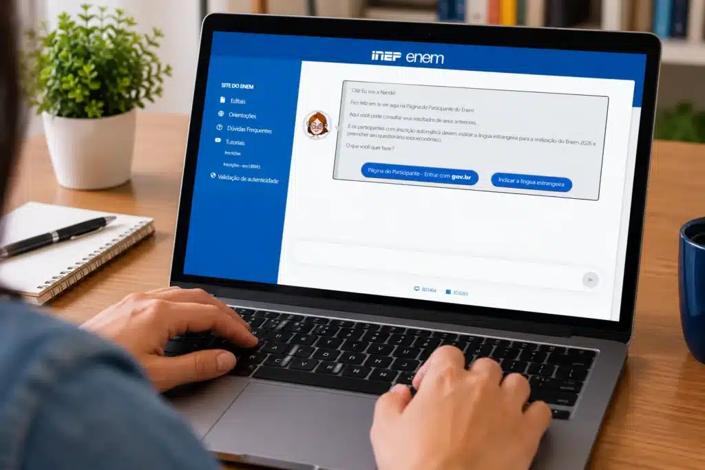 Mãos utilizando um notebook, representando a consulta às informações da Página do Participante do Enem 2026.
