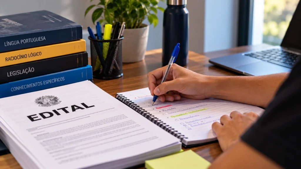 Candidato faz anotações ao analisar edital e materiais de estudo para concurso público.