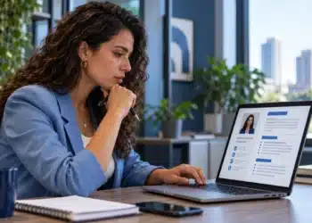 Profissional analisa currículo no notebook, representando o recrutamento com inteligência artificial.
