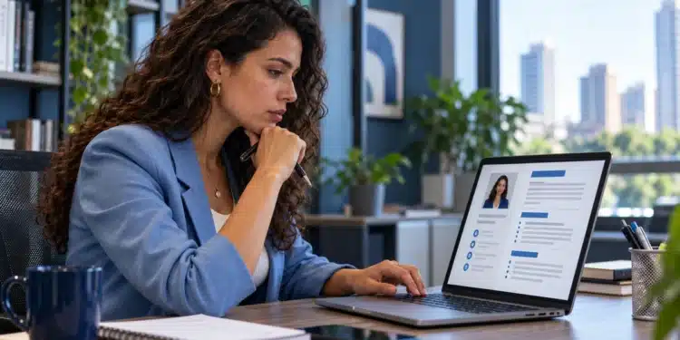 Profissional analisa currículo no notebook, representando o recrutamento com inteligência artificial.