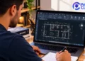 Aluno realiza curso online de Especialista em AutoCAD da Pensar Cursos, com projeto arquitetônico exibido na tela do notebook.
