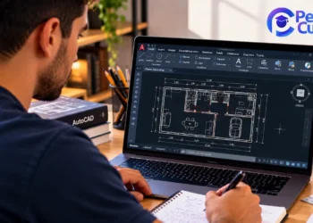 Aluno realiza curso online de Especialista em AutoCAD da Pensar Cursos, com projeto arquitetônico exibido na tela do notebook.
