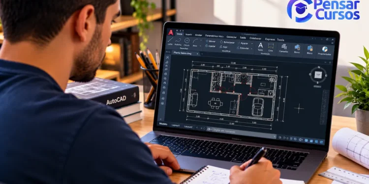 Aluno realiza curso online de Especialista em AutoCAD da Pensar Cursos, com projeto arquitetônico exibido na tela do notebook.