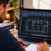 Aluno realiza curso online de Especialista em AutoCAD da Pensar Cursos, com projeto arquitetônico exibido na tela do notebook.