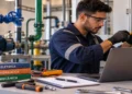 Homem jovem em uniforme azul e luvas faz manutenção elétrica em painel, com livros técnicos e ferramentas na mesa, simbolizando o curso de Elétrica, Hidráulica e Mecânica.
