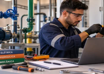 Homem jovem em uniforme azul e luvas faz manutenção elétrica em painel, com livros técnicos e ferramentas na mesa, simbolizando o curso de Elétrica, Hidráulica e Mecânica.