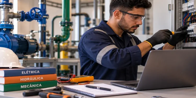 Homem jovem em uniforme azul e luvas faz manutenção elétrica em painel, com livros técnicos e ferramentas na mesa, simbolizando o curso de Elétrica, Hidráulica e Mecânica.