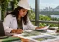 Profissional da área ambiental analisa mapas e documentos técnicos em escritório, representando os conteúdos do curso de Analista Ambiental.