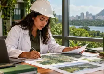 Profissional da área ambiental analisa mapas e documentos técnicos em escritório, representando os conteúdos do curso de Analista Ambiental.