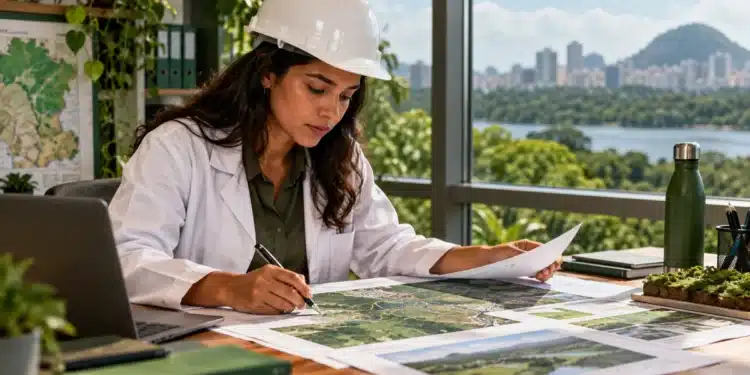 Profissional da área ambiental analisa mapas e documentos técnicos em escritório, representando os conteúdos do curso de Analista Ambiental.