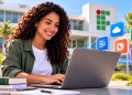 Imagem ilustrativa de jovem sorridente usando notebook ao ar livre, com ícones de nuvem, documentos e apresentações ao lado, representando o curso gratuito de ferramentas digitais