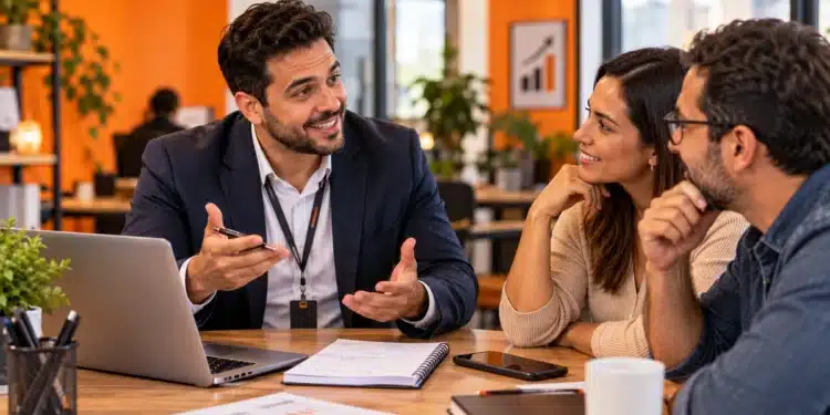 Vendedor apresenta estratégias comerciais a dois clientes durante reunião em escritório, demonstrando técnicas de comunicação e negociação.