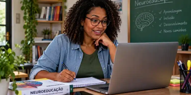 Professora mexendo no notebook, com livro de neuroeducação sobre a mesa, representando o curso online de Formação de Professores em Neuroeducação oferecido pelo MEC.