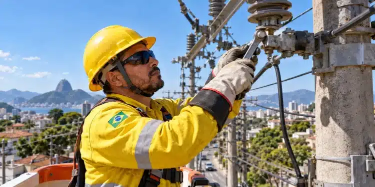 Eletricista com capacete amarelo, óculos de proteção e luvas de segurança realiza manutenção em equipamentos de uma rede elétrica instalada em poste.