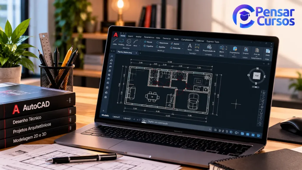 Notebook com projeto arquitetônico aberto no AutoCAD, acompanhado de livros de desenho técnico e materiais de estudo do curso online da Pensar Cursos.