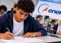 Imagem ilustrativa de estudante que preenche folha de respostas, com a marca do Enem e cenas de aulas práticas de cursos técnicos ao fundo, em referência ao curso técnico no Enem