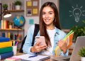Imagem ilustrativa de jovem sorridente com celular em uma das mãos e pastas coloridas na outra, diante de uma mesa com livros, caderno e notebook, em referência aos cursos gratuitos para o Enem 2026