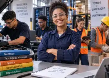Cinco jovens em ambiente industrial realizando atividades práticas de cursos técnicos com livros e equipamentos, simbolizando os cursos técnicos em alta para 2027.