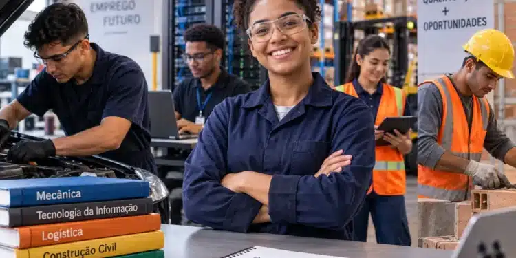 Cinco jovens em ambiente industrial realizando atividades práticas de cursos técnicos com livros e equipamentos, simbolizando os cursos técnicos em alta para 2027.