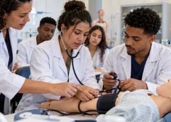 Grupo de quatro estudantes em jaleco usa estetoscópio e esfigmomanômetro em manequim humano em laboratório, simbolizando as vagas em cursos técnicos na área da saúde.