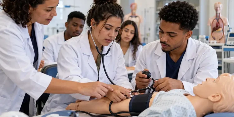 Grupo de quatro estudantes em jaleco usa estetoscópio e esfigmomanômetro em manequim humano em laboratório, simbolizando as vagas em cursos técnicos na área da saúde.