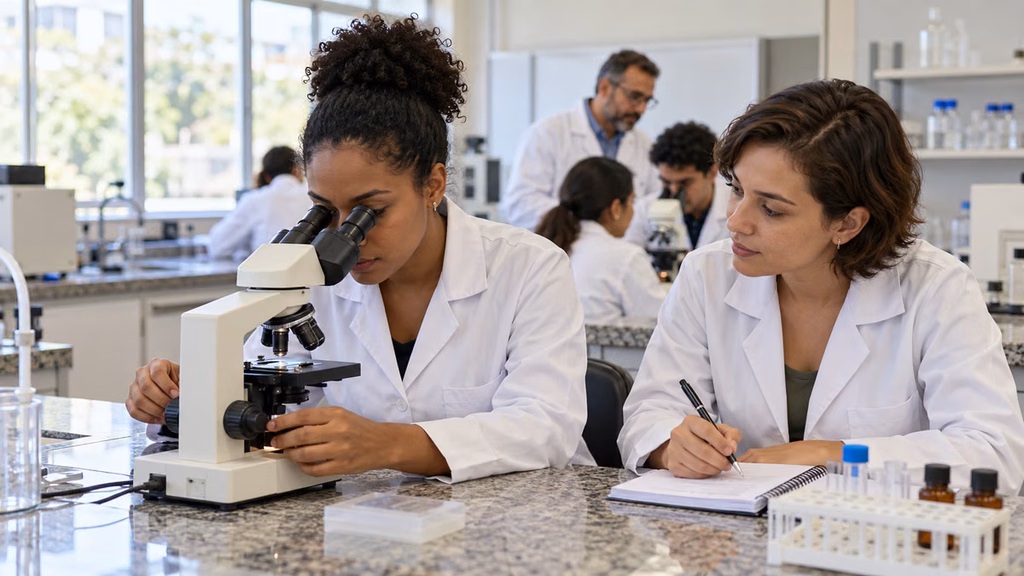 Duas mulheres de jaleco em laboratório, uma utilizando um microscópio e outra fazendo anotações, simbolizando os cursos técnicos com inscrições abertas.