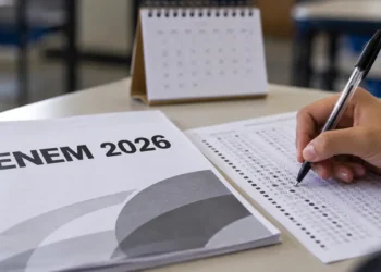 Mão preenche cartão de respostas ao lado de prova impressa ENEM 2026 e calendário em mesa, simbolizando as datas do Enem 2026.