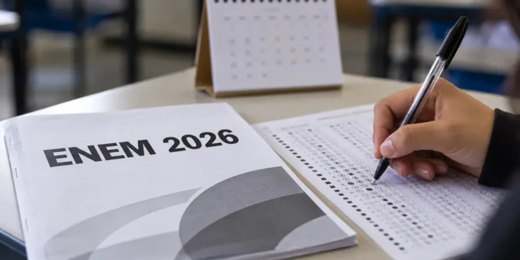 Mão preenche cartão de respostas ao lado de prova impressa ENEM 2026 e calendário em mesa, simbolizando as datas do Enem 2026.