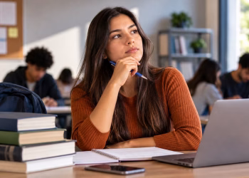 Imagem ilustrativa de jovem pensativa de suéter laranja, com caneta na mão, diante de notebook, caderno e livros em uma sala de aula, em referência à decisão de trancar a faculdade