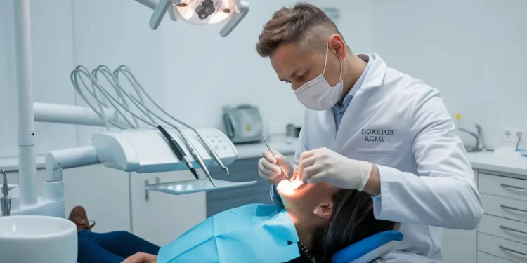 Cirurgião-dentista com máscara e luvas realiza atendimento em paciente na cadeira odontológica.