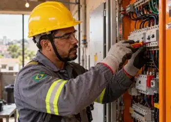 Eletricista brasileiro com capacete amarelo e equipamentos de proteção realiza manutenção em quadro de distribuição de energia elétrica.